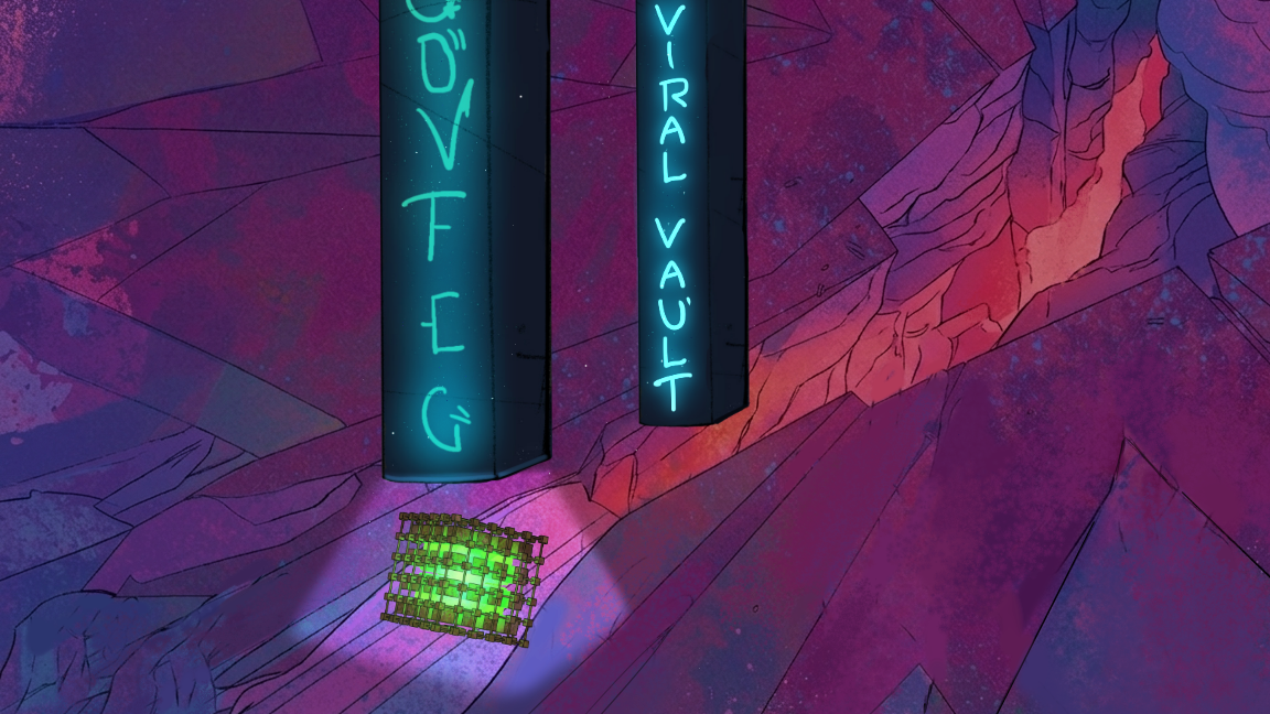 Colorful Viral Vault cavern with glowing rune pillars and a green cube
