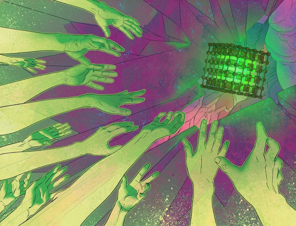 The complete illustration of green hands reaching toward a glowing cube, including the right-hand side