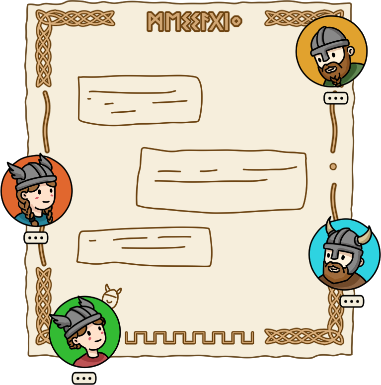 Viking chat illustration with four characters around a parchment conversation