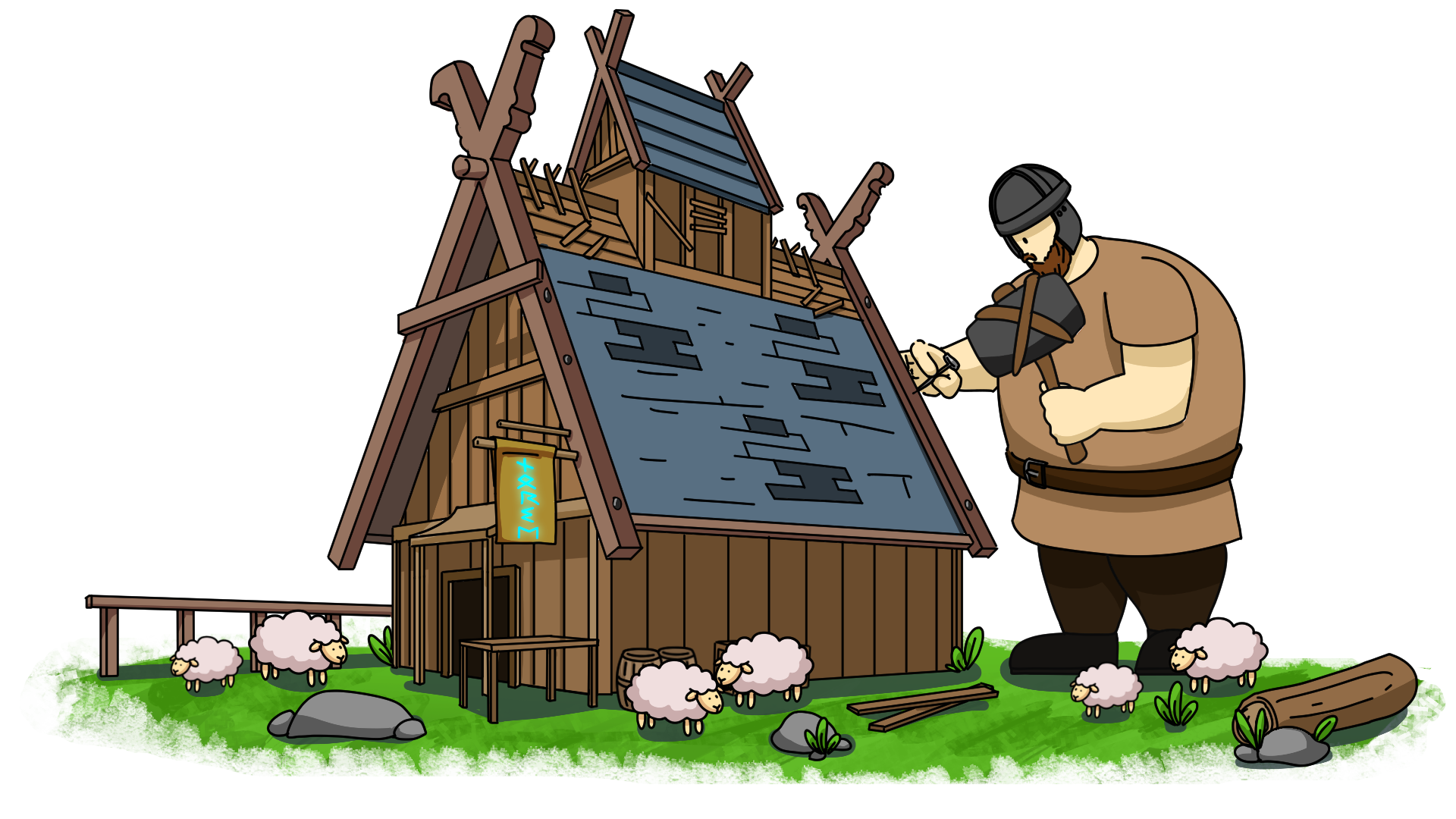 A Viking craftsman building a house, the Vault Collective brand illustration